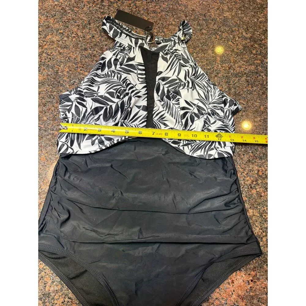 Tempt Me Black White One Piece High Neck Tummy Control Bathing Suit Size M NWT - Picture 8 of 16